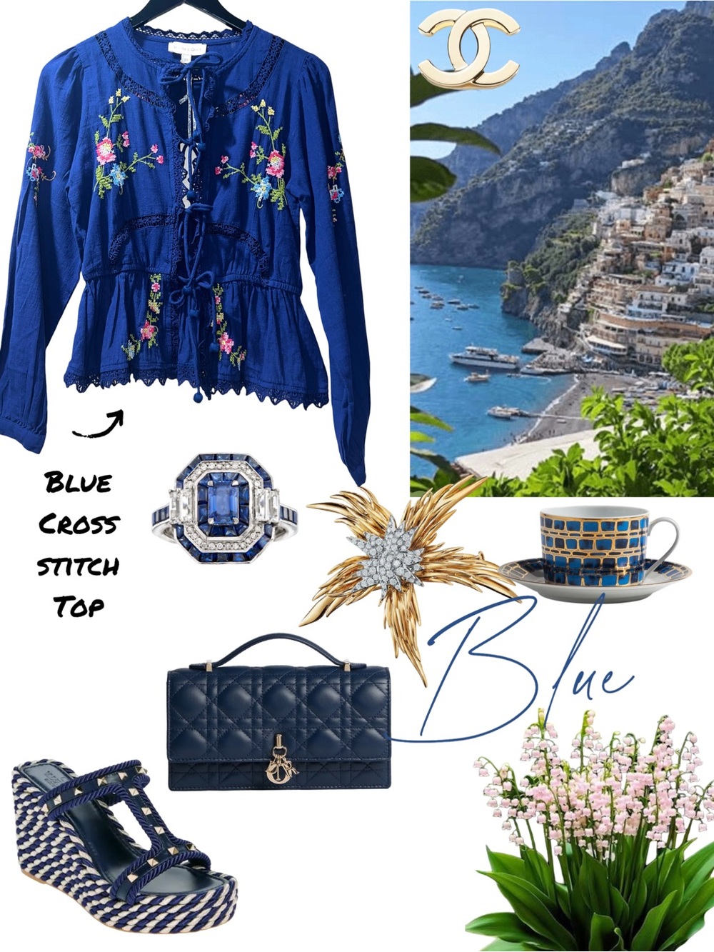 Embroidered Blue Peasant Blouse with Ties
